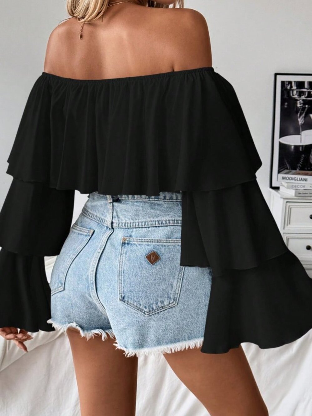 Black Casual Women's Off-Shoulder Ruffle Collar Blouse - Picture 2 of 6